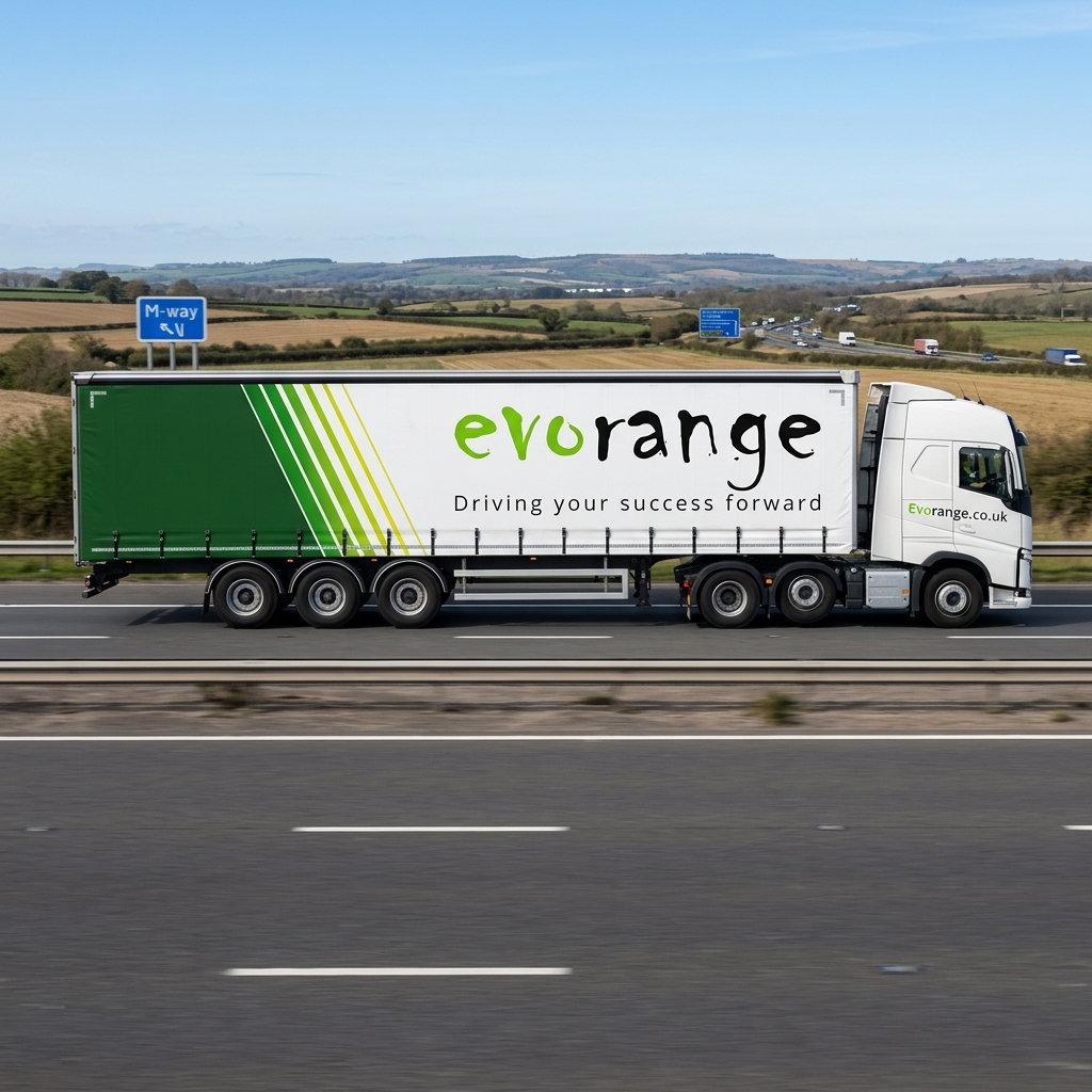 Evorange branded curtainside truck driving on a UK motorway