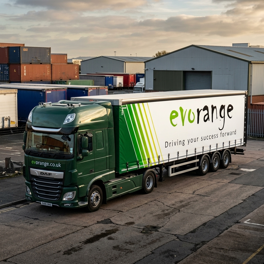 Evorange branded HGV truck and trailer